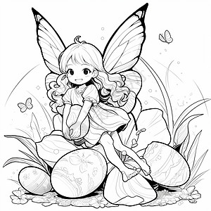 有蝴蝶翅膀的可爱卡通小女孩黑白线稿插画图片
