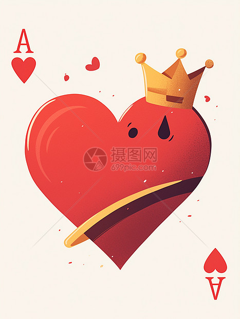 戴着金色皇冠的卡通红桃A扑克牌图片