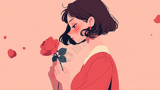 手拿一支玫瑰花优雅漂亮的卡通女孩图片
