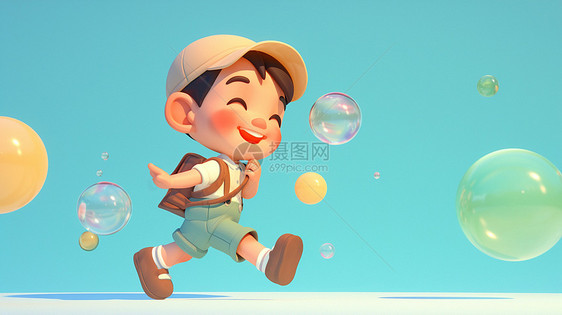 追着泡泡开心奔跑的卡通小男孩图片