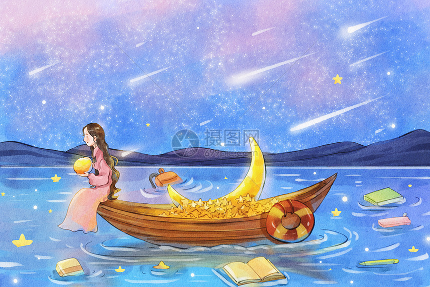 手绘水彩晚安之女孩坐在船上月亮星星治愈系插画图片
