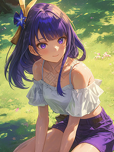 坐在草地上穿着白色上衣紫色短裤卡通女孩背景图片