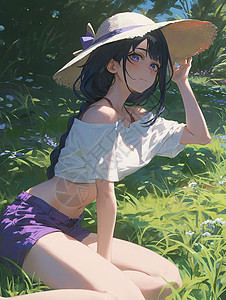 草地上穿着白色上衣紫色短裤卡通女孩背景图片