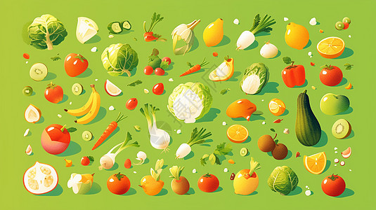 绿色背景上排列着各种可爱的卡通蔬菜背景图片