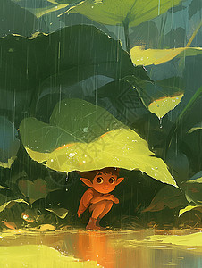 在大大的绿叶下躲雨的可爱卡通男孩小精灵图片