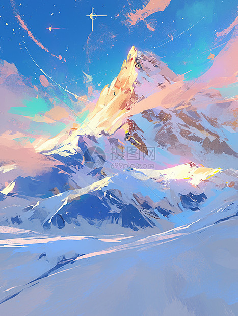雪山上五颜六色美丽的卡通极光图片