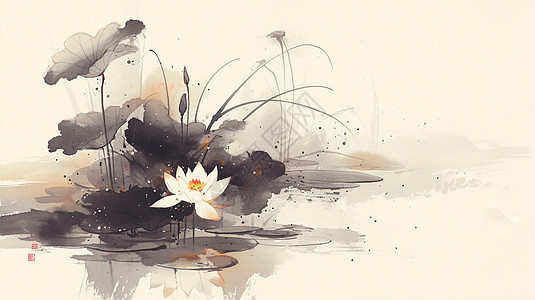 荷塘中一簇美丽的荷花中国风水墨画背景图片