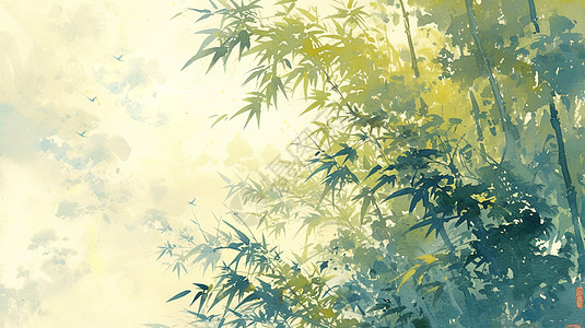 绿色调水墨风卡通竹林背景图片