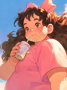 蝴蝶结穿着粉色T恤手拿奶茶戴着粉色的蝴蝶的胖女孩插画