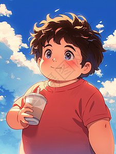 蓝天下喝奶茶的卡通胖男孩图片