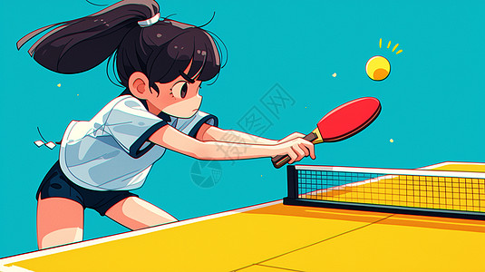 乒乓球运动员认真打乒乓球运动的卡通女孩插画