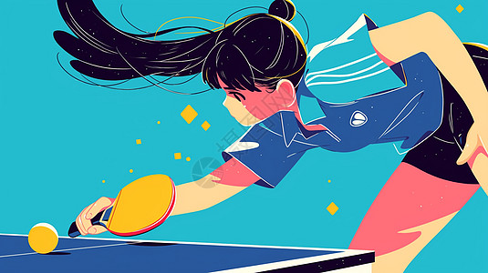 乒乓球运动员打乒乓球运动的卡通女孩插画