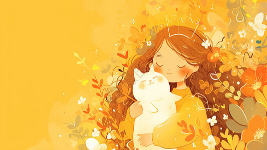 头戴着皇冠抱着宠物小白猫漂亮的卡通小公主背景图片