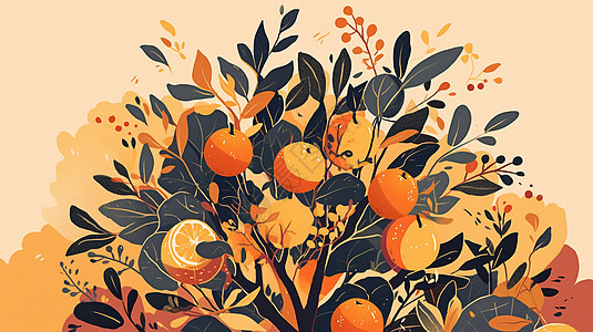 暖色调唯美的卡通橘子树背景图片