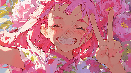 粉色头发比耶手势开心笑的卡通女孩在粉色牡丹花旁图片