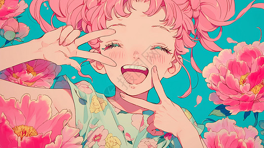 比耶手势开心笑的卡通女孩在粉色牡丹花旁高清图片