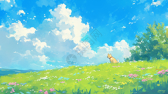 绿背景在蓝天白云下绿油油的草地上玩耍的卡通小狗插画