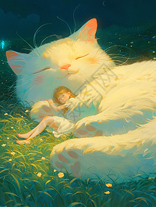 大白猫躺在草坪上睡觉的卡通小女孩高清图片