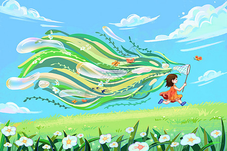 春天女孩在田野奔跑插画图片