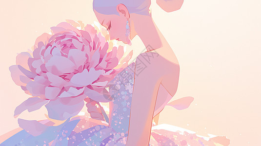 怀抱着牡丹花穿着公主裙仙气飘飘的卡通女人局部特写背景图片