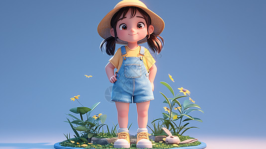 一个戴着草帽的可爱卡通小女孩图片
