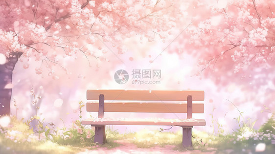 春日浪漫樱花树下长椅图片