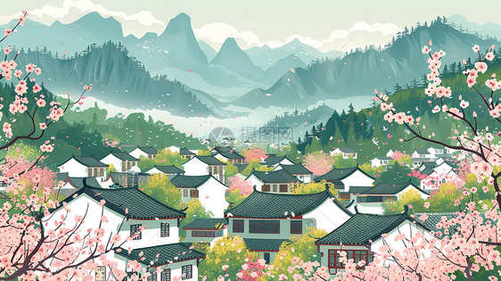 春分绿色乡村村庄插画图片