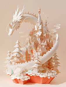 剪纸风卡通巨龙围绕着高高的城堡背景图片