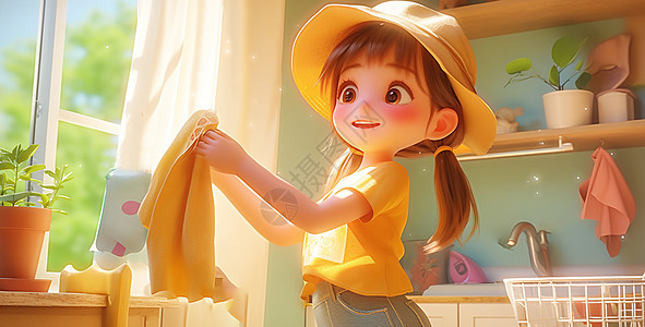 穿着黄色T恤正在做家务的卡通女孩背景图片
