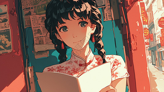复古风漂亮的卡通女孩在街角看书背景图片
