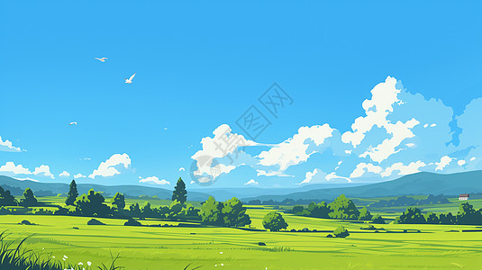 春天蓝天白云下一片绿油油的草地背景图片
