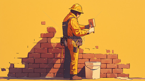 手拿砖头戴着黄色头盔努力干活的卡通工人图片