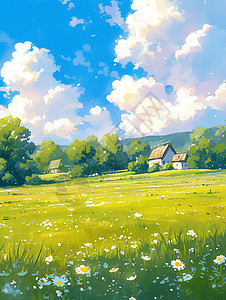 白云下一片绿油油的草地唯美卡通风景插画背景图片
