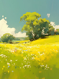 蓝天白云下一片绿油油的草地唯美卡通风景插画背景图片