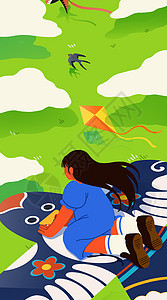 春天小女孩乘坐风筝插画之开屏启动页背景图片