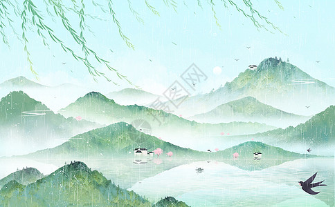 国风花水墨中国风山水风景节气插画背景插画