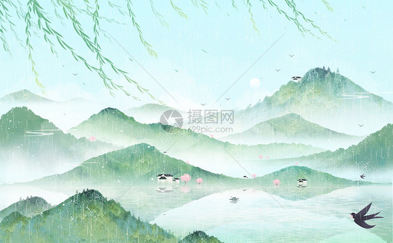 水墨中国风山水风景节气插画背景图片