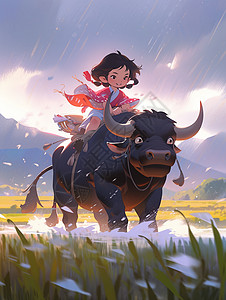 清明节雨中可爱的卡通小女孩骑着一头健硕的卡通牛背景图片
