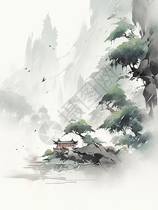 水墨雨清明节雨中水墨风卡通古建筑风景画插画