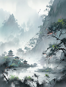 下雨清明节雨中水墨风古建筑风景画插画