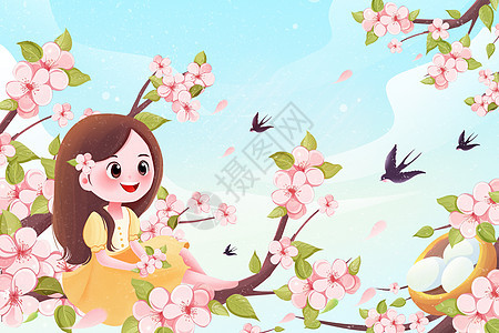 春天女孩坐在桃花树上看风景背景插画图片