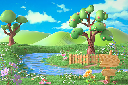 3D立体春季树木场景背景图片