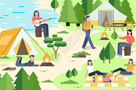 欧式聚餐露营营地野餐插画