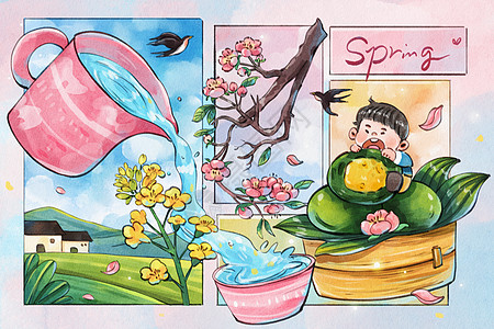 手绘水彩春天青团花朵分镜治愈系插画高清图片
