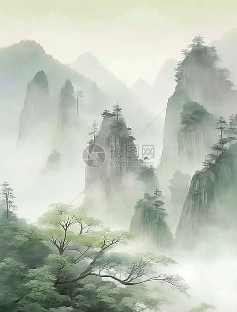 春天山水间唯美的梦幻的中国风卡通风景画图片