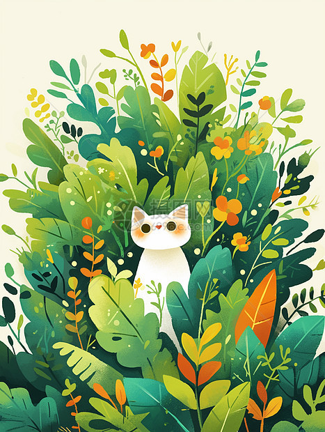 躲在绿色植物丛中一只可爱的卡通小花猫图片