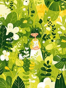 在嫩绿色的植物丛林有一个可爱的小女孩图片
