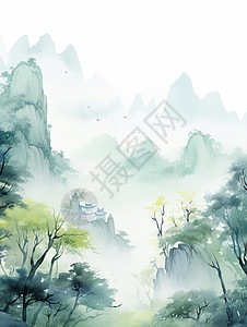 绿色小松树春天云雾缭绕的山间有很多绿色古树清新山水风景画插画