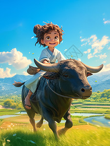 古风装扮卡通小女孩骑着黑牛奔跑在山坡上图片