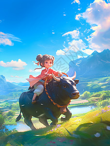 可爱的古风装扮卡通小女孩骑着黑牛奔跑在山坡上图片